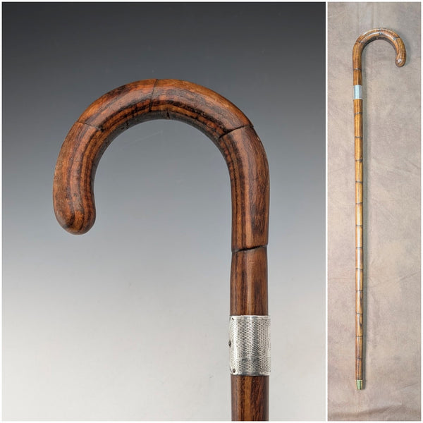 1934年 英国ヴィンテージ タンシャフト 曲がりハンドル 純銀装飾 ステッキ 杖 83cm
